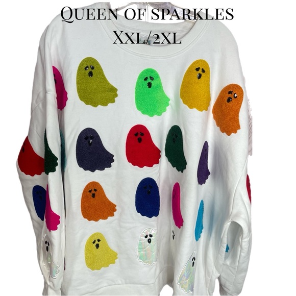 Queen of Sparkles Halloween Ghost Sweatshirt Top White with Rainbow Appliqués